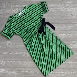 New York & Company Green and Navy Striped Short Sleeve Dress with Bow XS